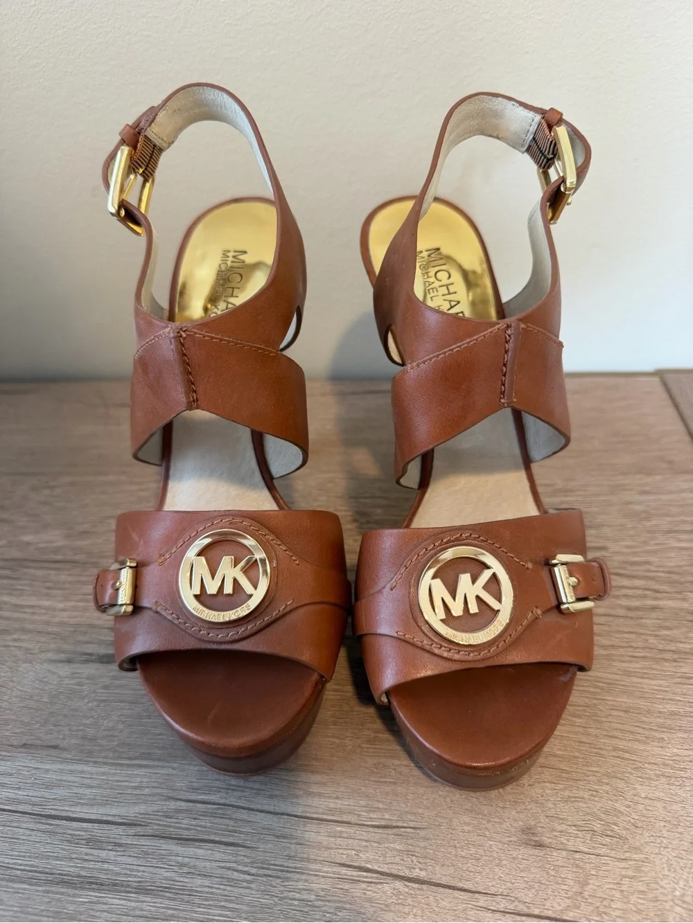 Michael Kors Tan Leather Platform Stiletto Sandals with MK Medallion